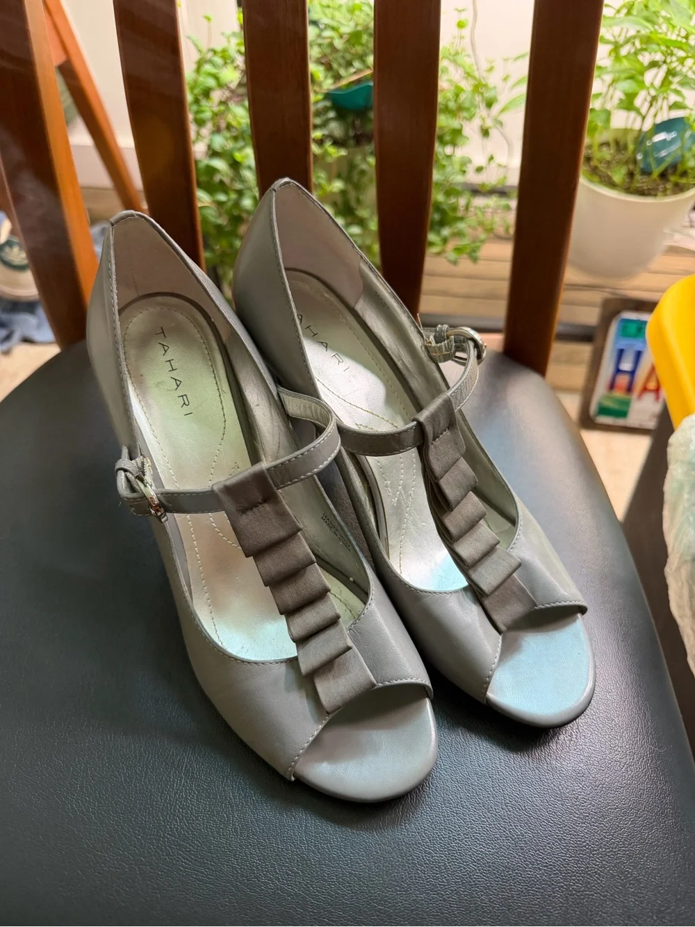 Tahari Gray Mary Peep-Toe T-Strap Heels with Ruffle Accent